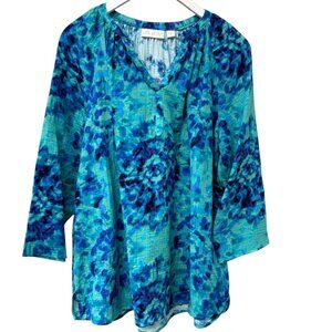 BELLE Kim Gravel Blue Tie Dye Top Size Medium Cotton Gauze Boho Womens Top